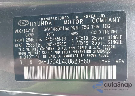 2018 Hyundai Tucson Sport z USA, uszkodzony, nr VIN KM8J3CAL4JU823560